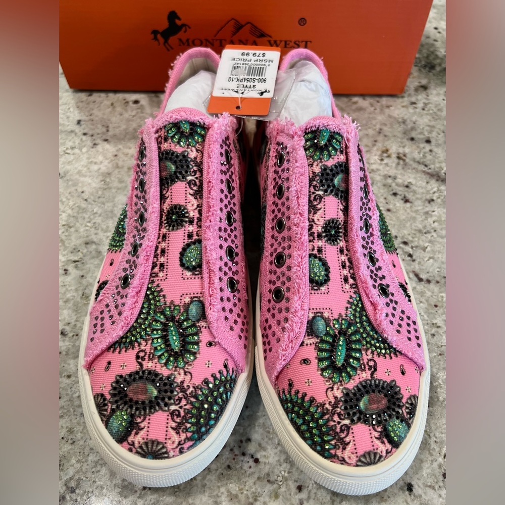 Montana West Women’s Pink Rhinestone Canvas Slip On Sneakers